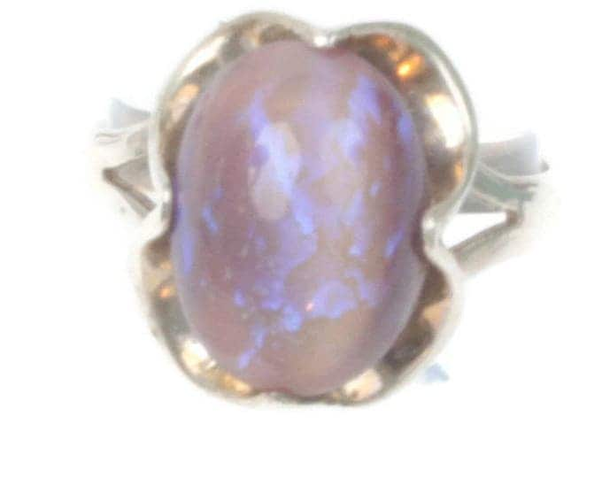 Fire Opal Sterling Ring Art Glass Cab Size 8 Vintage