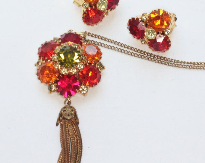 Rhinestone Pendant Tassel Necklace Clip On Earrings Orange Red Green Rhinestones Vintage