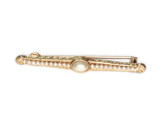 Faux Pearl Bar Pin Gold Tone Victorian Revival Vintage