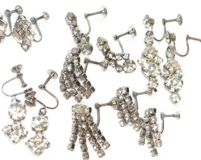 Lot of Clear Rhinestone Screw Back Earrings Six Pairs Destash Clearance Vintage