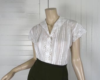 50s White Cotton Blouse w/ Eyelet Lace- 1950s Breezy Sheer Top- Cap Sleeves- Pin Up- Small