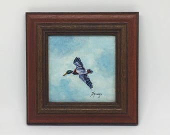Vintage Miniature Painting, Duck in Flight, Framed & Signed, Titled "Little Jewels"