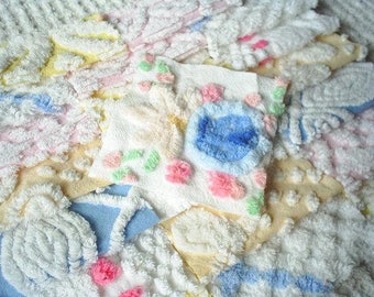 Vintage Chenille Bedspread Squares-Pretty Pastels- Blue Lollipop Flower Bouquet-21-6" squares