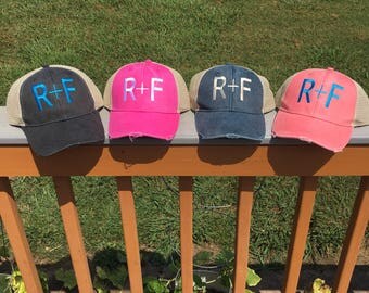Rodan and Fields Monogram Hat, Women's R+F Distressed Trucker Hat, Rodan + Fields Baseball Cap Distressed