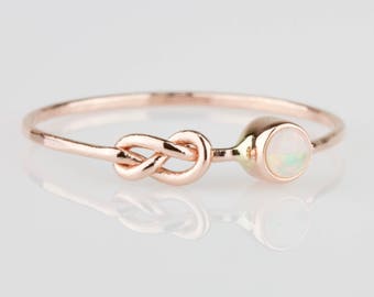 Opal Infinity Knot Ring - Delicate October Birthstone Infinity Knot Stack Ring in Solid 14k Rose or White or Yellow Gold