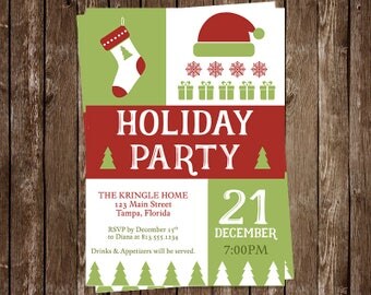 Holiday Party Invitations, Happy Holidays, Red, Green, Stocking, Christmas, 10 Printed Cards with Envelopes, FREE Shipping, Hipster, Xmas