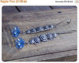 SALE The Ruins. Ghost blue blooms and tribal metal earrings