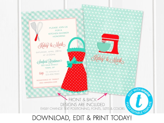 printable kitchen shower invitation recipe card red bridal