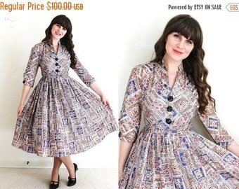 ON SALE 1950s Dress / 50s Dress / 50s Folk Print Full Skirt Dress