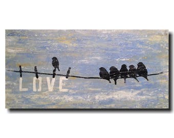 original art abstract painting 18 x 36 by jmjartstudio blue textured bird artwork