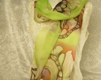 hand painted pistachio green silk chiffon scarf