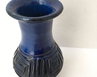 Italian Cobalt Ceramic Vase Sgrafitto 1960s Style