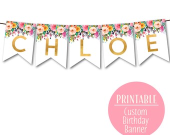 Custom Happy Birthday Banner, 1st Birthday Banner, Floral Birthday Bunting, Birthday decor DIY Banner, 1502