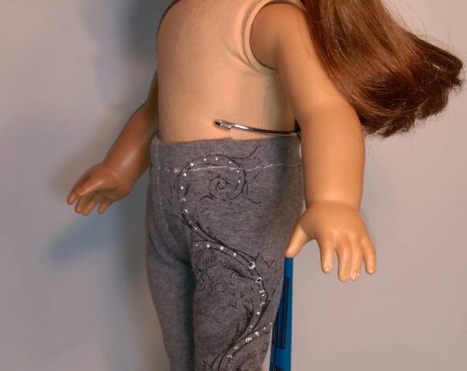 Grey Capri with swirls and rhinestones leggings for 18 inch dolls