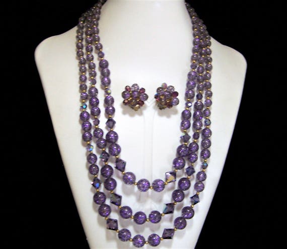 Purple Lucite Confetti Bead Jewelry Set Multi Strand