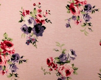 Dusty Pink Purple and Burgundy Floral Rayon Spandex Jersey Knit Fabric, 1 Yard