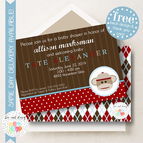 Sock Monkey Baby Shower Invitation, Boys Sock Monkey Birthday Party Invitation, Printable Sock Monkey Invite by BeeAndDaisy Il_570xn