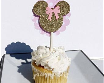 Minnie Mouse Cupcake Toppers, Pink Glitter And Polka Dots, Dessert Table Supply, Girls Birthday Party, Baby Shower Ideas, Cake Decorations