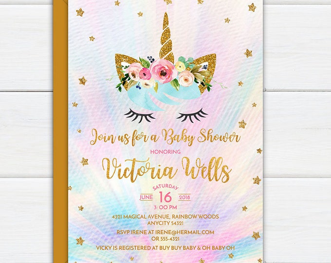 Unicorn Invitation, Rainbow Unicorn Baby Shower Invitation, Gold Glitter Rainbow Pastel Unicorn Baby Shower Party Printable Invitation