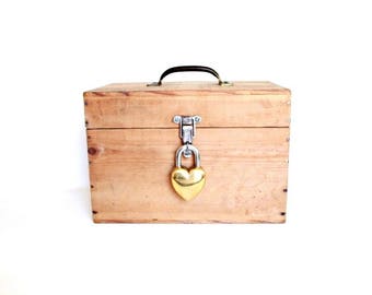 Vintage Wedding Card Box with Lock . vintage wood box . heart lock and key . vintage wooden box with lid . locking box . antique wood box