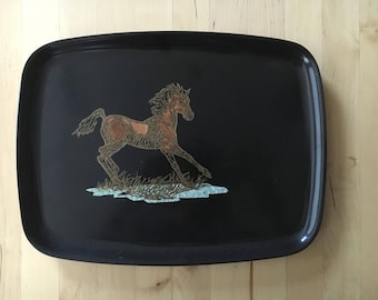 MCM - Vintage 1960's Couroc of Monterey Tray - Black Tray with Brass, Turqoise and Wood Inlay