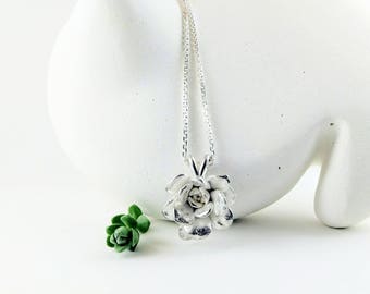 Rose Necklace, Sterling Silver, Succulent Rose Necklace