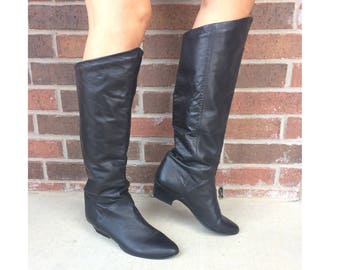 vtg 80s KNEE HIGH black leather Pirate BOOTS 10 tall riding heels slouchy flat