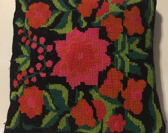 Vintage Needlepoint Pillow Hot Pink