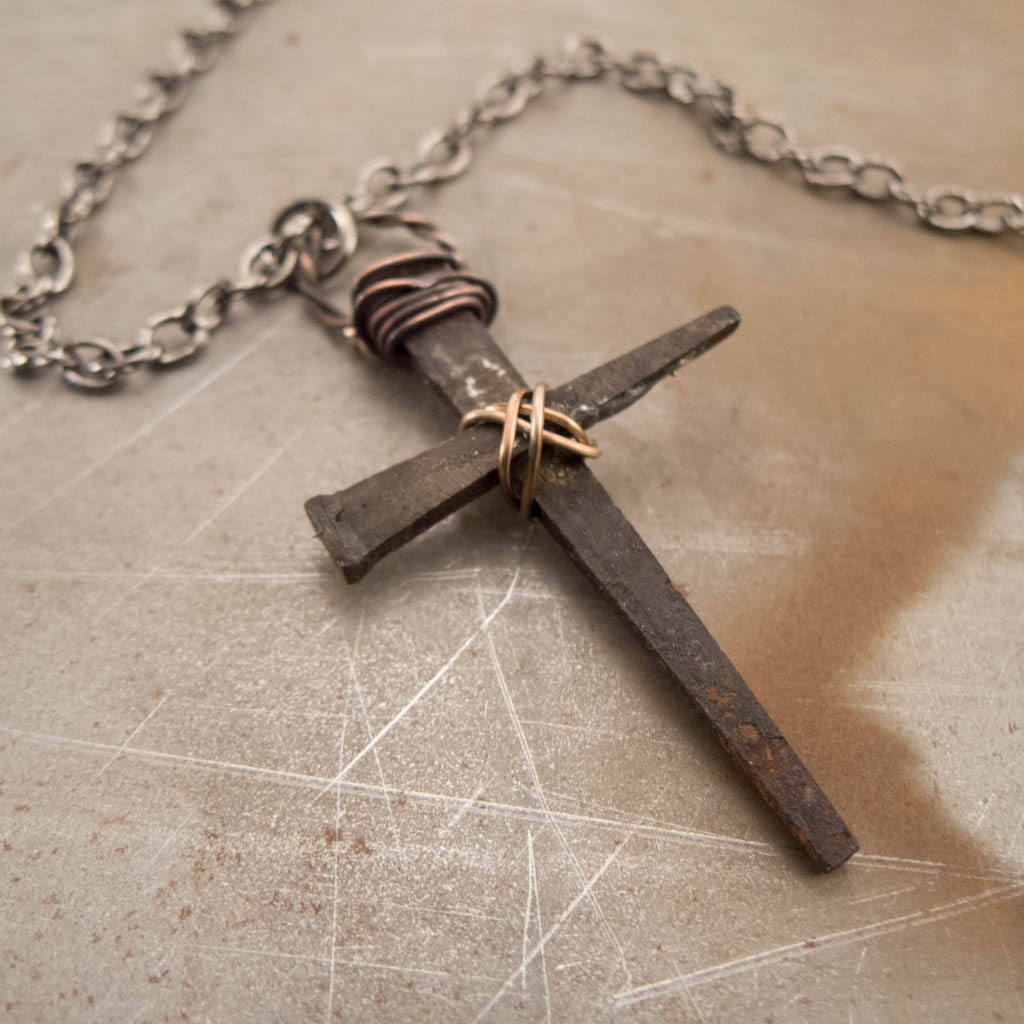 Rustic Medieval Rusty Nails Christian Cross Pendant Necklace