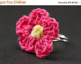 BACK to SCHOOL SALE Fuchsia Crochet Flower Ring. Fuchsia Flower Ring. Knit Flower Ring in Hot Pink and Yellow. Silver Adjustable Ring. Handm