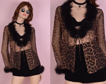 90s Sheer Leopard Print Feather Trim Jacket/ Large/ 1990s