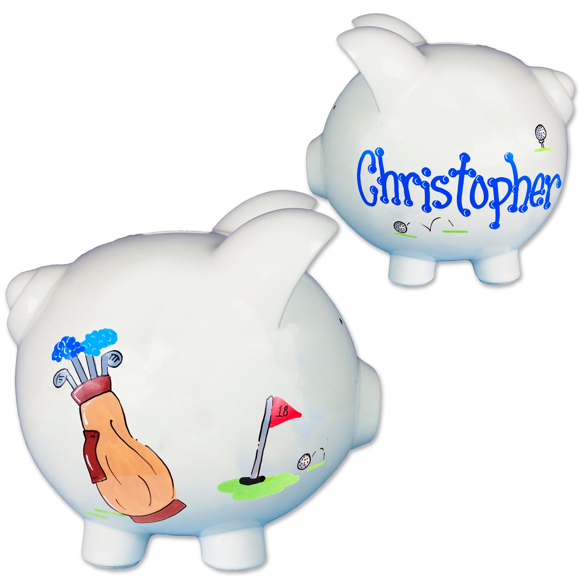 Personalized Golf Piggy Bank Hand Painted White Ceramic