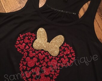 Minnie Mouse Head with 100 Mickey's Tank Top! Womens, Disney Tank, Flowy Racerback Tank, Disney shirt, Glitter, family disney shirts