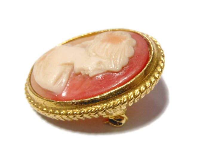 Shell carved cameo, hand carved amber background, cream colored woman, gold filled rope frame, vintage cameo