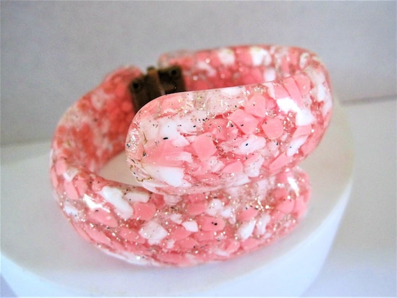 Pink Confetti Clamper - Hinged Lucite - Wide Glitter Confetti - 50's Bracelet