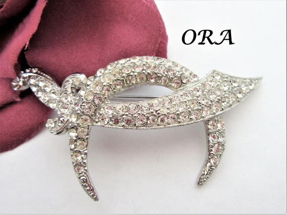 Clear Rhinestone Brooch - Signed ORA - Rhodium Sword Scimitar - Crescent Moon Pin