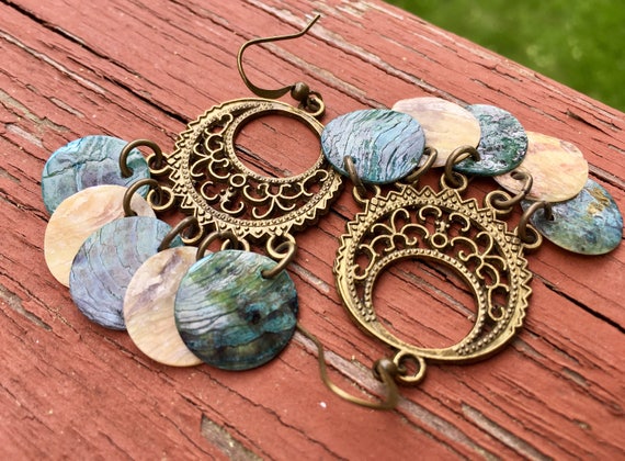 Light Blue & Natural "Simply Chandelier" Mussel Shell Earrings