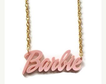 Barbie Necklace, Pale Pink Laser Cut Pendant Gold Chain