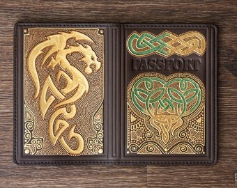 Premium leather passport cover with Gold Celtic Dragon and Celtic Knot. Gift idea for traveler, beautiful passport case for men