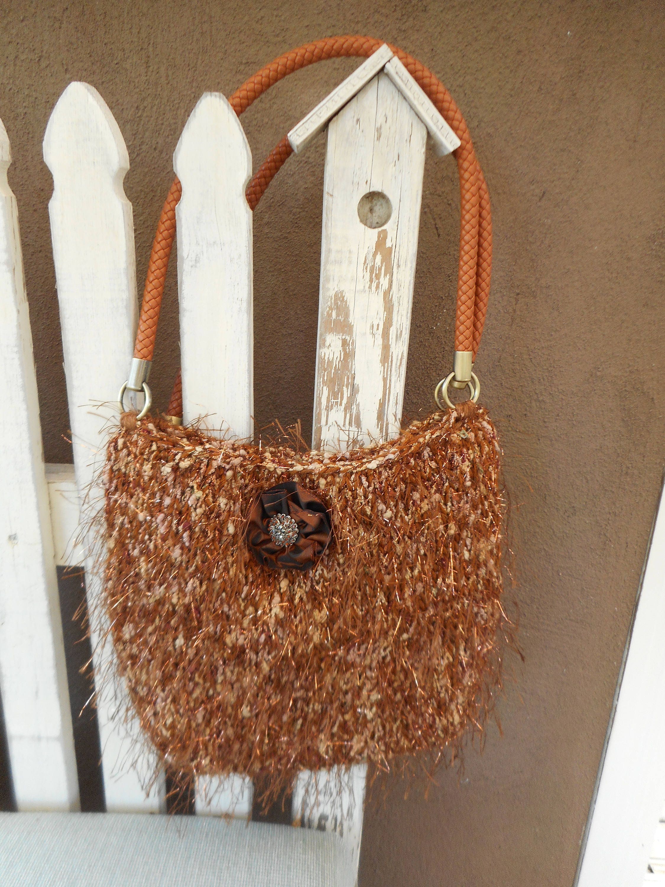 Hand Knit Handbag Hand Knit Purse Rust Metallic Hand Knit