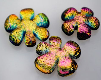 Dichroic Cabochons, 3 Dichroic Flower Tiles, Handmade Mosaic Tiles, Fused Cabochons, Decorative Tiles