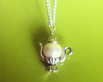 Silver Pendant chain necklace Pearl Pink genie lamp teapot