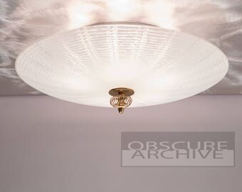 Stunning LEHROLITE Mid Century Ceiling Light - Large 21 Inch Frosted White Glass with Thin Lines - 5 Bulb Fixture