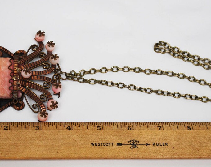 Copper Mask Necklace - Signed Mexico - Tribal Aztec - Carved Pink Agate Onyx gemstone - Boho Face head dress pendant