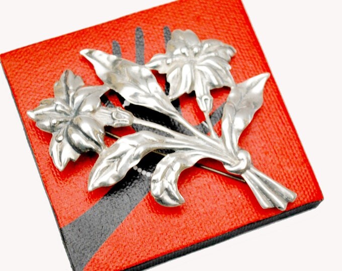 Sterling Flower Brooch - Signed Danecraft - Large Art Nouveau floral Silver pin - 29 grams