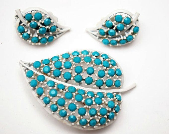 Lisner Leaf Brooch and earring Set - Light turquoise Blue - glass Rhinestone - white enamel Mid Century