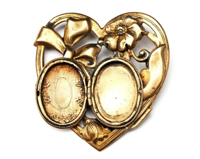 Heart Locket Brooch - Repousse Gold Brass metal - Art Nouveau - Floral Bow - pin