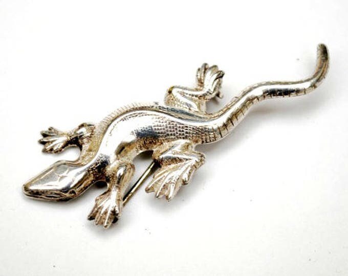 Sterling Lizard Brooch - Designer signed Lang - Silver Gecko - Figurine Pin