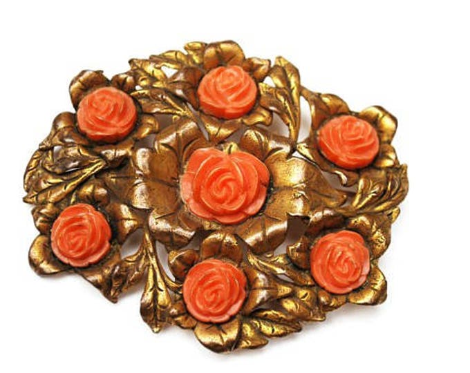 Large Coral celluloid flower Brooch - Golden Brass - leaf Floral - Art Nouveau Pin