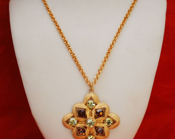 Starburst Pendant Necklace - Signed Sarah Coventry - Origional Box - Faux Citrine Topaz Crystal - Sarah Co - NOS